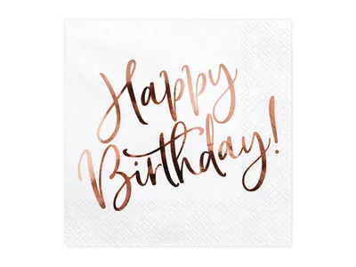 Zdjęcie produktu dla Serwetki urodzinowe, Happy Birthday, białe z napisem Rose Gold, 33 x 33 cm