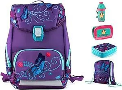 Produktbild von SCOOLSTAR SCHMETTERLING SCHULRANZEN SET MÄDCHEN 1 KLASSE | SET 5 TEILIG FÜR GRUNDSCHULE | SUPER LEICHT | LED BLINKER | ERGONOMISCH und ANATOMISCH |