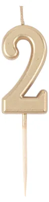 Productafbeelding van Verjaardagskaars, nummer 2, goudkleurig, metallic, met houder - universele maat