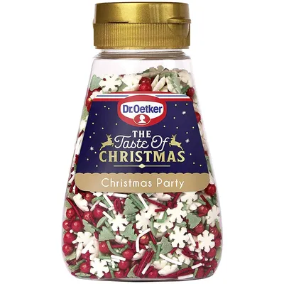 Produktbild von Dr. Oetker Streudekor Christmas Party, Konfettibestreuung, Mehrfarbig, 110 g, Zucker, Dextrose, Reismehl, modifizierte Stärke (Mais), Kakaobutter, färbende Lebensmittel..., 402 kcal, 1708 kJ