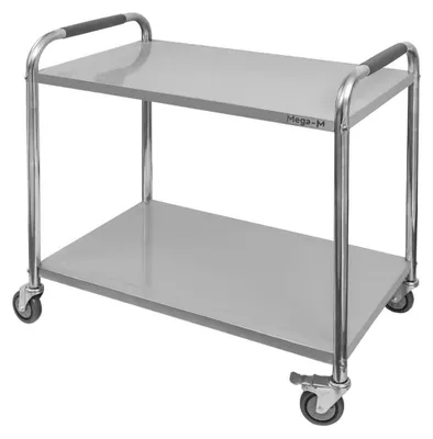 A two-tiered stainless steel serving cart with wheels and handles.