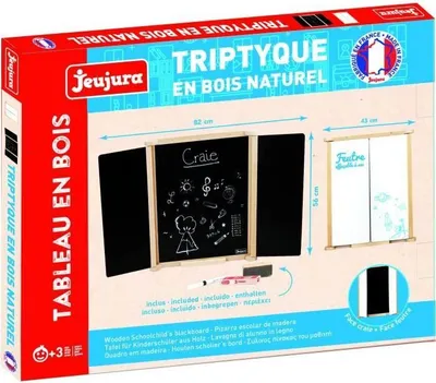 Image de Tableau Triptyque Mural Bois Naturel JEUJURA, Ardoise Craie/Feutre, Accessoires Inclus, 82x56 cm