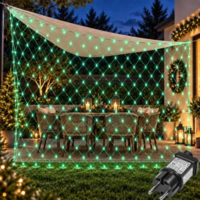 Productafbeelding van 3x2 meter, 200 LED-lichtketting, lichtnet, groene lichtgordijn, 8 lichtmodi, geschikt voor binnen, feestdecoratie, kerstverlichting