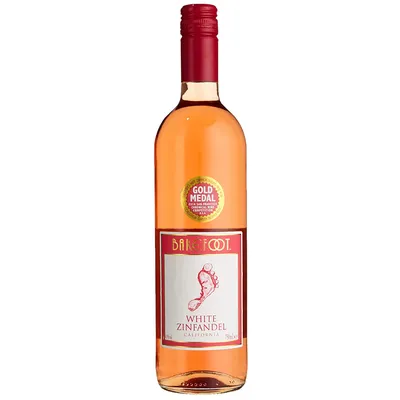 A bottle of Barefoot White Zinfandel Rosé wine.
