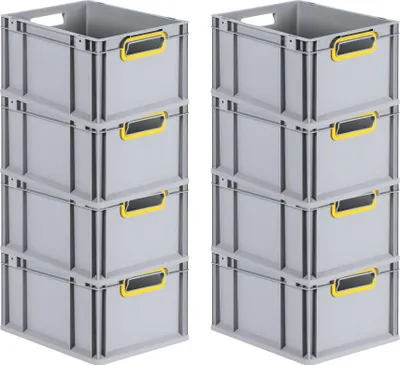 Produktbild von SuperSparSet 8x Eurobox NextGen Color | HxBxT 22x30x40cm | 20 Liter | Griffe gelb offen | Glatter Boden | Grau | Eurobehälter, Transportbox, Transportbehälter, Stapelbehälter
