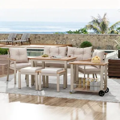 Produktbild von AIORBER Gartenmöbel Set 6-7 Personen Akazienholz, Gartentisch mit Stühlen, Sofa, Hockern und Servierwagen, wetterfest, Beige