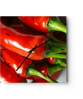 Produktbild von Wanduhr - Quadrat - Glasuhr - Gemüse würzig Chili - 30x30cm - Schleichendes Uhrwerk - Lautlos - zum Aufhängen bereit - Dekoration Modern - Wanddekoration aus Glas - C3AC30x30-1135