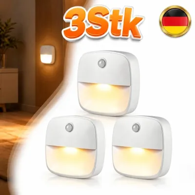 Productafbeelding van 3 LED-nachtlampjes met bewegingsmelder, batterij aangedreven, geschikt voor trappen, wandlamp