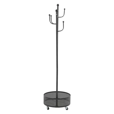 A black coat rack with a round mesh base and wheels, shown against a white background.