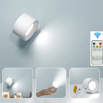 A collage of images showing a white wall lamp, a remote control, and close-ups of the lamp in use and its components.