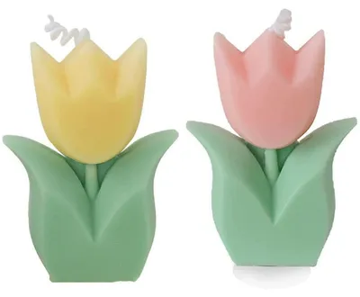 Productafbeelding van 2 x Tulpenkaarsen, geurkaarsen, roze en geel, paraffine en sojawas, 6,5 x 9 cm