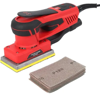 Image de Ponçeuse à bande électrique - Ponçeuse excentrique manuelle - Moteur sans balais de 350 W - 10000 tr/min - 12 feuilles de papier abrasif - Alimentation secteur - Pour travaux sur le bois - Rouge