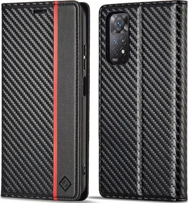 Image de Etui pour Xiaomi Redmi Note 11 Pro 5G/4G Etui en cuir carbone avec porte-cartes, aimant et support noir Vertical rouge