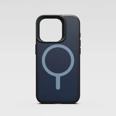 A dark blue iPhone case with a light blue MagSafe ring is shown against a light gray background.