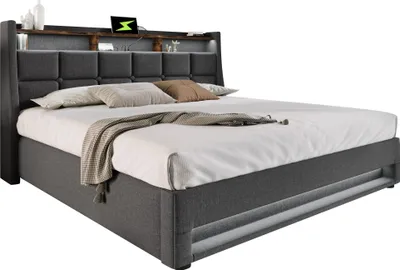 Produktbild von Polsterbett 160x200 cm, Grau, mit USB, LED, Stauraum, ohne Matratze, Leinen