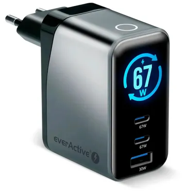 Imagen del producto de Cargador de red GaN, 1 puerto USB, 2 puertos USB-C con carga rápida 4+ de 67W, color