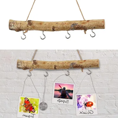 Productafbeelding van Decoratieve Houten Stang - Natuurlijke Tak - Seizoensdecoratie Ophangen - Vier Metalen Haken - 30 cm Breed - Natuurlijk