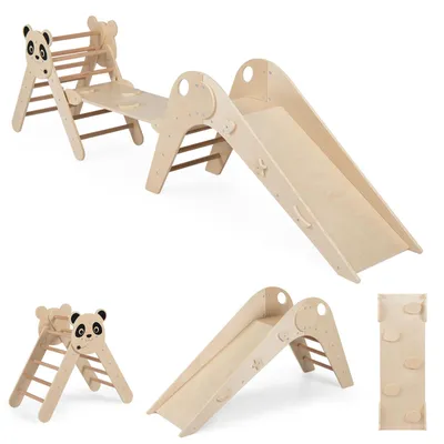 Produktbild von COSTWAY Kletterdreiecke Set, faltbares Montessori-Kletterset aus Holz mit Panda-Motiv, Rutsche, Rampe, Kletterleiter&Cartoon-Blöcken, für Kinder 3+