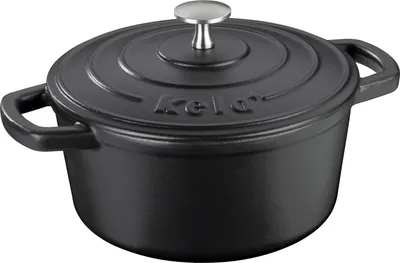 A black cast iron pot with a lid and handles, shown from a slightly elevated front-left angle against a white background.