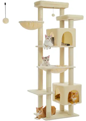 Produktbild von Kratzbaum für Wohnungskatzen - XL Kletterbaum 175 cm - Mehrstöckig - Sisal-Kratzsäulen - Hängematte & Höhle - Für große Katzen - Beige