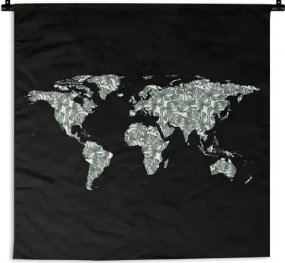 Produktbild von MuchoWow® Wandteppich Wandbehang Weltkarte - Pflanzen - Schwarz 150x150 cm Tapisserie Dekoration Wandtuch - Wohnaccessoires - Modernes