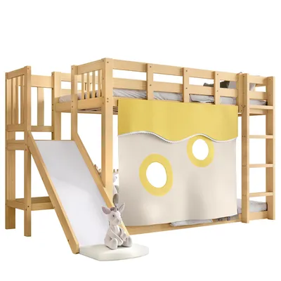 Produktbild von Etagenbett mit 2 Liegeflächen und Lattenrost, 90x200 cm, Kinderbett mit Rausfallschutz und Rutsche, Kiefer
