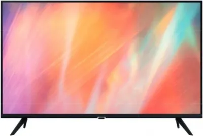 A flat-screen television with a colorful abstract display and black stand.