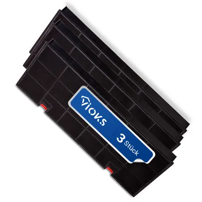 Three black carbon filters stacked on a white background, with a blue label on the top filter.