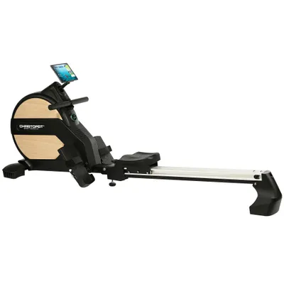 Zdjęcie produktu dla Wioślarz Christopeit Vico - 32-stopniowy magnetyczny system hamowania, 16 programów treningowych, komputer LED Smart Control z pierścieniem LED, wyściełane komfortowe siedzisko z rolkami na łożyskach kulkowych, kompatybilny z pasem pulsacyjnym Bluetooth, składany i zajmujący mało miejsca, elegancki drewniany wygląd