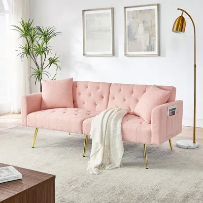 Produktbild von okwish Zweisitzer,Schlafsofa mit 2 beigelegte Kissen,Chaiselongue 3-stufige verstellbare Rückenlehne,Relaxsofa,stabile Metallbeine,für kleine Wohnungen,Rosa
