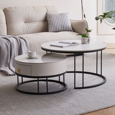 okwish Couchtisch 2er Set Satztisch Rund Beistelltisch Kaffeetisch Wohnzimmertisch Sofatisch aus Schiefer