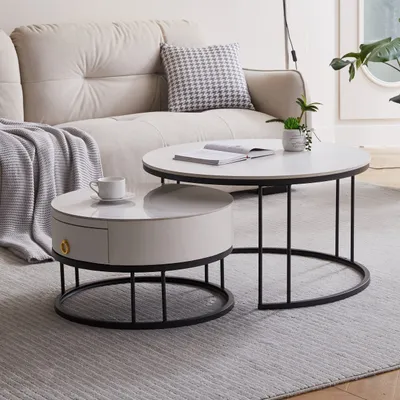 Produktbild von MODFU Couchtische 2er set, Satztisch Rund Beistelltisch Kaffeetisch Wohnzimmertisch,Weiß und Schwarz