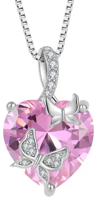 Productafbeelding van Ketting met vlinder- en hartbedel, geboortesteen roze toermalijn, 925 sterling zilver, dames, 45+3 cm