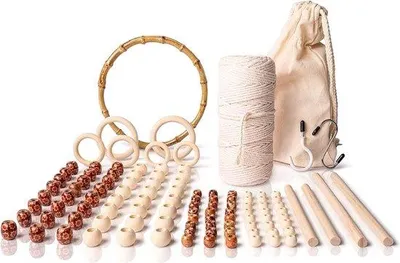 Image de Ensemble de suspensions pour plantes de style bohème en bois et 100 % coton