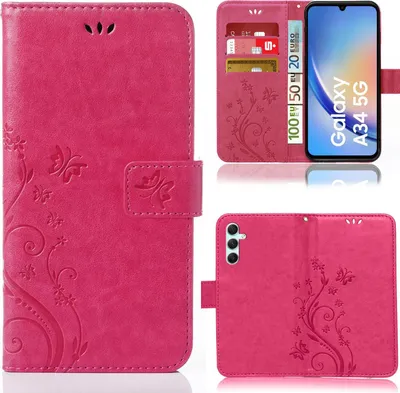 Produktbild von Handy Tasche für Samsung Galaxy A34 5G Schutz Hülle Handyhülle mit Blumenmuster Klapp Hülle mit Standfunktion und Kartenfächer Pink