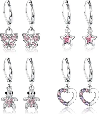 Produktbild von Brisur Ohrringe Set Zirkonia 316L Edelstahl Mädchen Kinder Damen Hypoallergene Herz Blume Stern Schildkröte Tragus Piercing