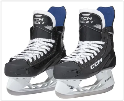 A pair of black CCM ice skates with white laces and blue lining, presented on a white background.