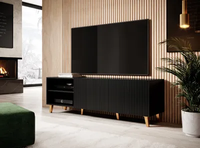 Obrázek produktu pro TV skříňka PAFOS 150 cm BLACK MATT zlaté nohy s frézovanými čely nízký TV stolek TV stolek příborník komoda Hi-Fi stolek