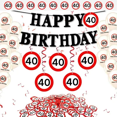 Immagine prodotto di Set di decorazioni per il 40° compleanno, con palloncini, ghirlanda, striscione e coriandoli, nei colori rosso e bianco
