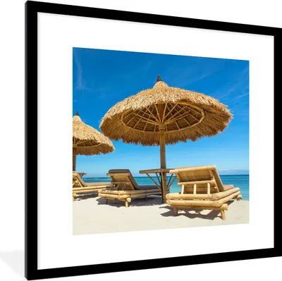 Produktbild von MuchoWow® Gerahmtes Poster Strandkorb - Strand - Sonnenschirm - Meer - Sommer 40x40 cm - Poster mit Schwarzem Bilderrahmen Wandposter Rahmen Foto Bilder - Poster - Plakat im Rahmen