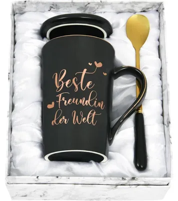 Productafbeelding van Koffiemok met de tekst "Beste vriendin ter wereld", 400 ml, zwart, keramiek. Inclusief cadeauverpakking met lepel en deksel