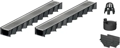 Produktbild von 2x1m ACO Hexaline 2.0 Entwässerungsrinne mit Edelstahl Längsstab Stegrost Ablauf vertikal Bodenrinne Terrassenrinne