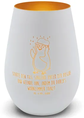 Produktbild von Mr. & Mrs. Panda Glas Windlicht Pinguin Duschen - Weiß - Geschenk, Singen, gold teelichthalter, Laterne, Duschkonzert, Baden, Kerzenhalter, Dusche
