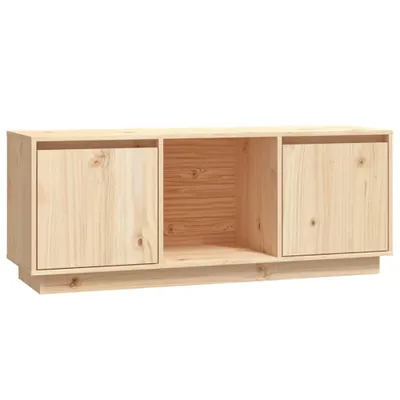 A wooden TV stand with two cabinets and an open shelf in the middle, presented against a white background.