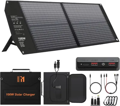 Obrázek produktu pro Přenosný solární panel 100W - Skládací solární nabíječka s 5 výstupy a USB-C PD pro kempování a outdoorové aktivity