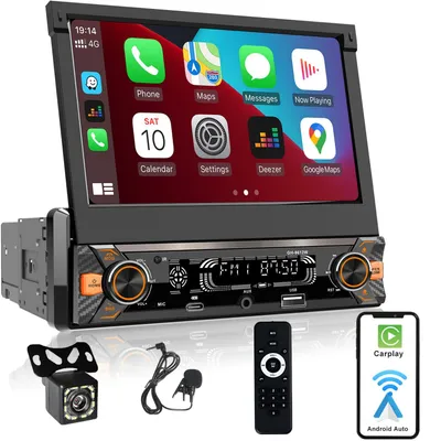 Imagen del producto de Radio para coche de 1 DIN, pantalla retráctil automática de 7 pulgadas, con Bluetooth y puerto USB tipo-C