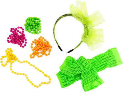 Produktbild von Oblique Unique 80er Jahre Kostüm Accessoire Set - Haarreifen + Perlenketten +  Netzhandschuhe 80s Party Karneval Fasching