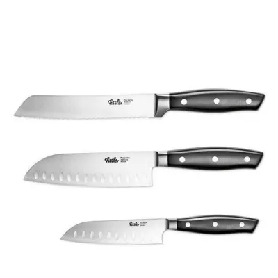 Produktbild von Fissler PROFI Messerset 3 tlg, Santoku Messer 130mm + 165mm & Brotmesser 180mm- Hochwertig, Spezialklingen-Edelstahl geschmiedet - scharf, Rostfrei