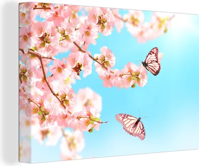Zdjęcie produktu dla OneMillionCanvasses® - Obrazy na płótnie - 140x90 cm, Motyle - Drzewo - Kwiaty, Dekoracja ścienna - Zdjęcie na płótnie - Obraz na drewnianej ramie