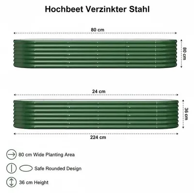 Produktbild von Hochbeet Garten - Pflanzkasten Metall - 224x80x36 cm - Für Terrasse Balkon Patio - Verzinkter Stahl - Langlebig wetterfest